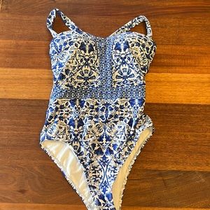 Antonio Melani blue and white one piece swimsuit